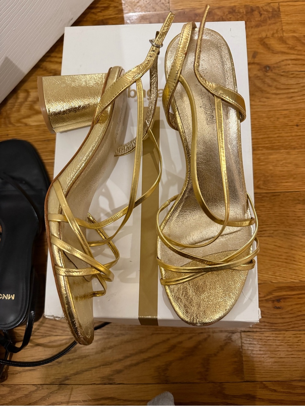 Jeffrey Campbell Metallic Gold Strappy Block Heel Sandals